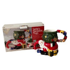 Vtg Figi Santas Stackable Mugs Set 2 Ceramic Christmas Decor 1999 Cookies Milk